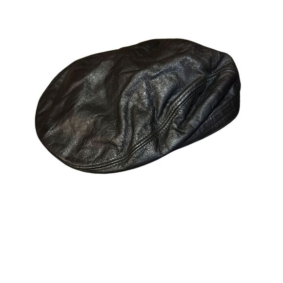Black Leather Driving Cap / Flat Cap with Snap Front - Picture 2 of 6